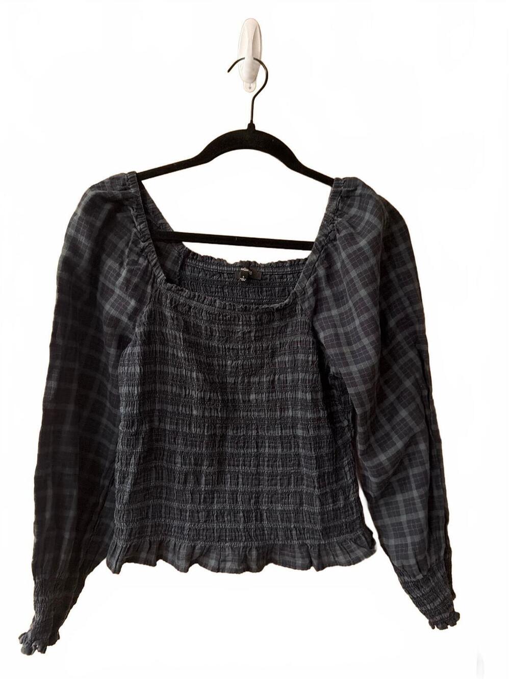 Madewell Black and Green Plaid Long Sleeve Smocked Blouse with Square Neck